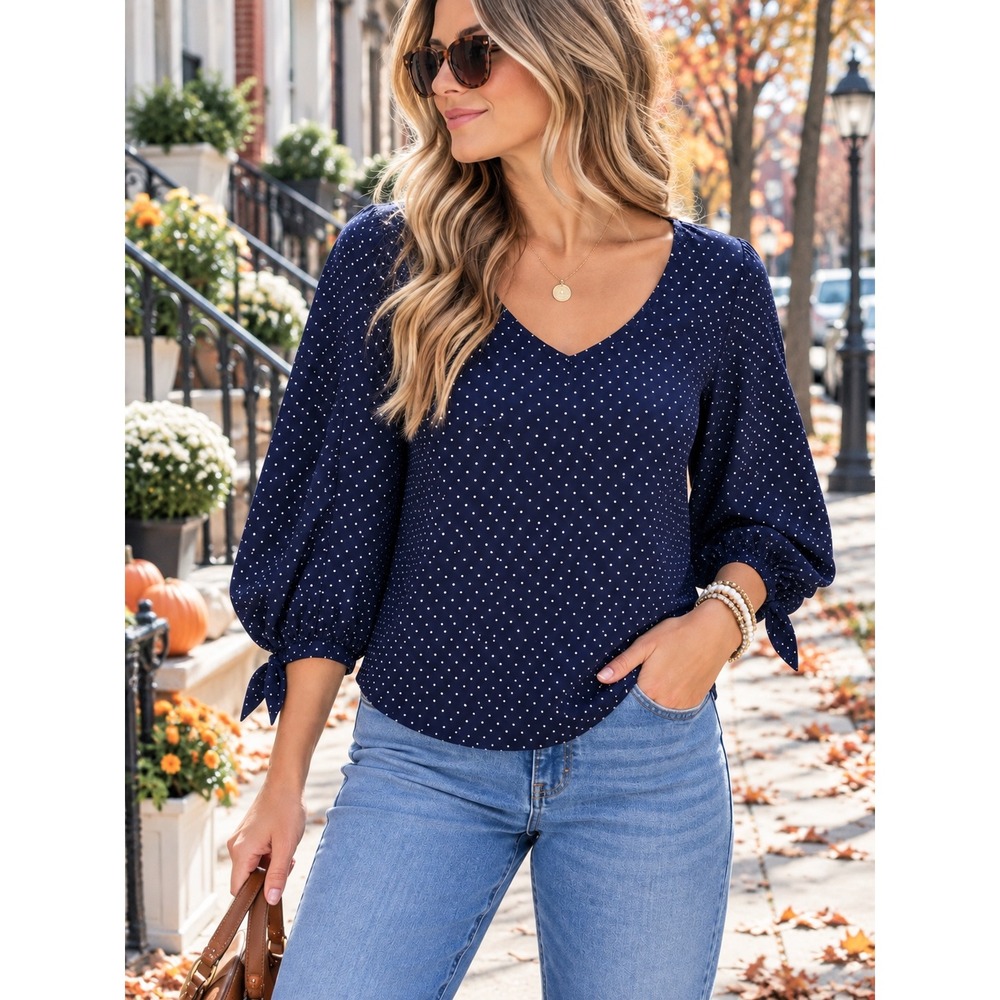 Maeve Pernille Navy Polka Dot Tie-Sleeve Blouse Women's XL Anthropologie